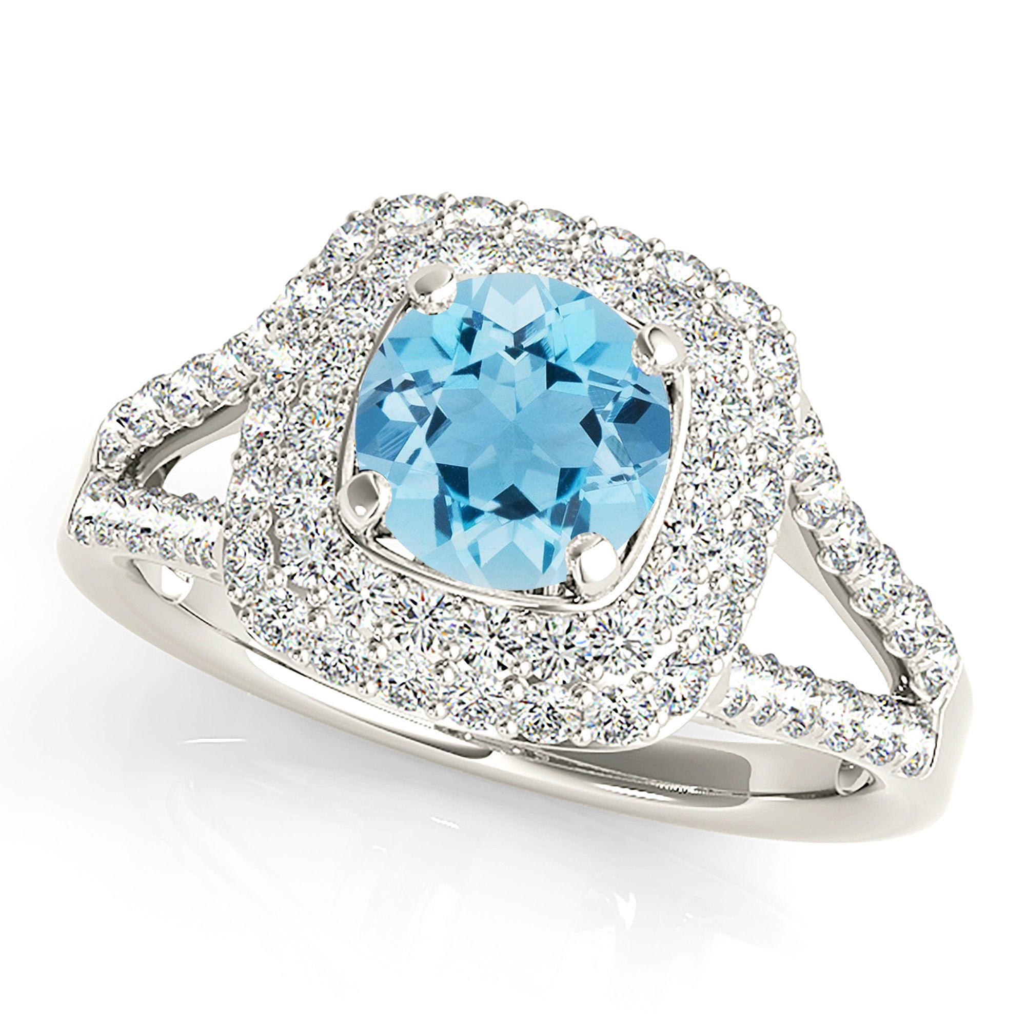 1.10 ct. Genuine Aquamarine Ring With 0.70 ctw. Diamond Cushion Halo And Split Diamond Band | Round Blue Aquamarine Halo Ring-VIRABYANI